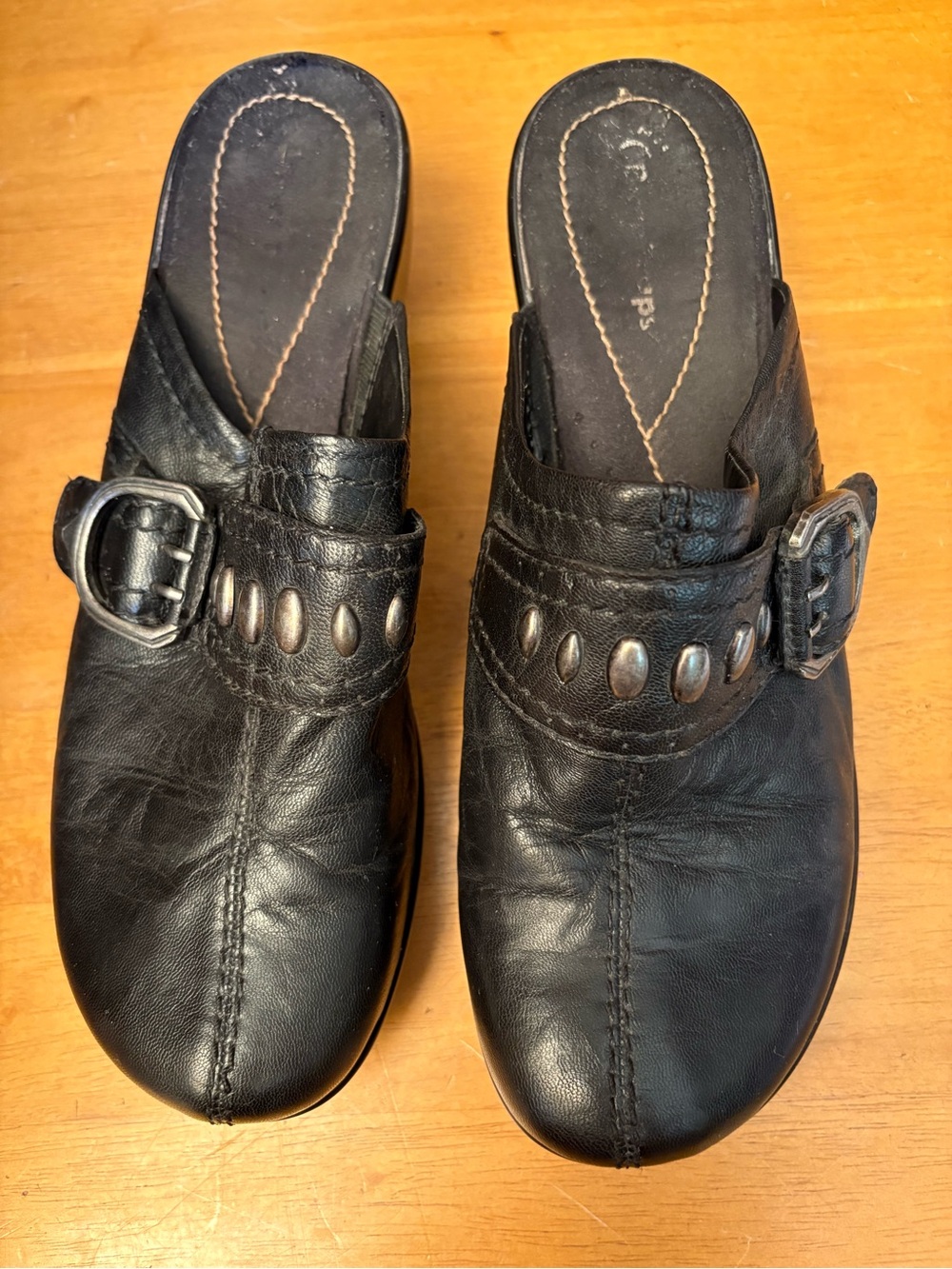 BareTraps Black Leather Slip-On Clog with Buckle & Stud Accents